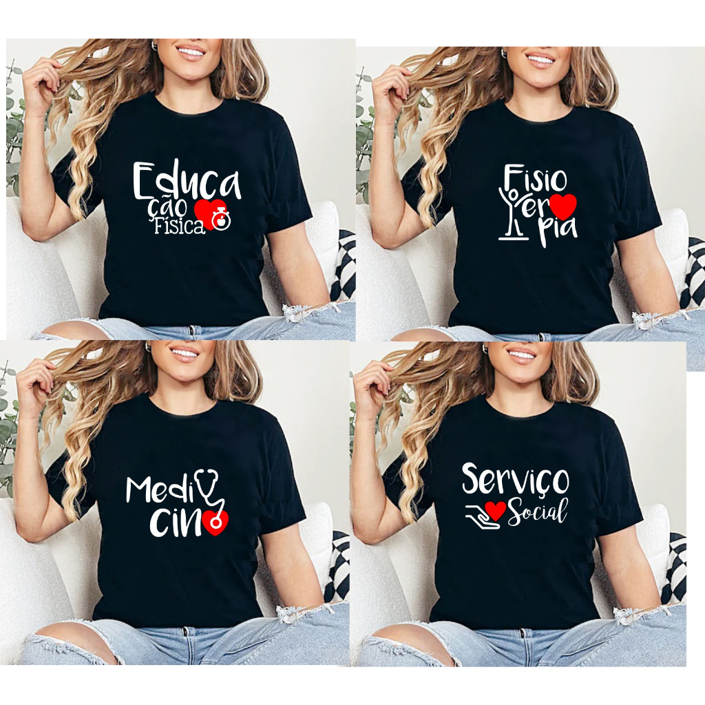 Linda tshirt feminina preta profissão, enfermagem, pedagogia administração, medicina, serviço social