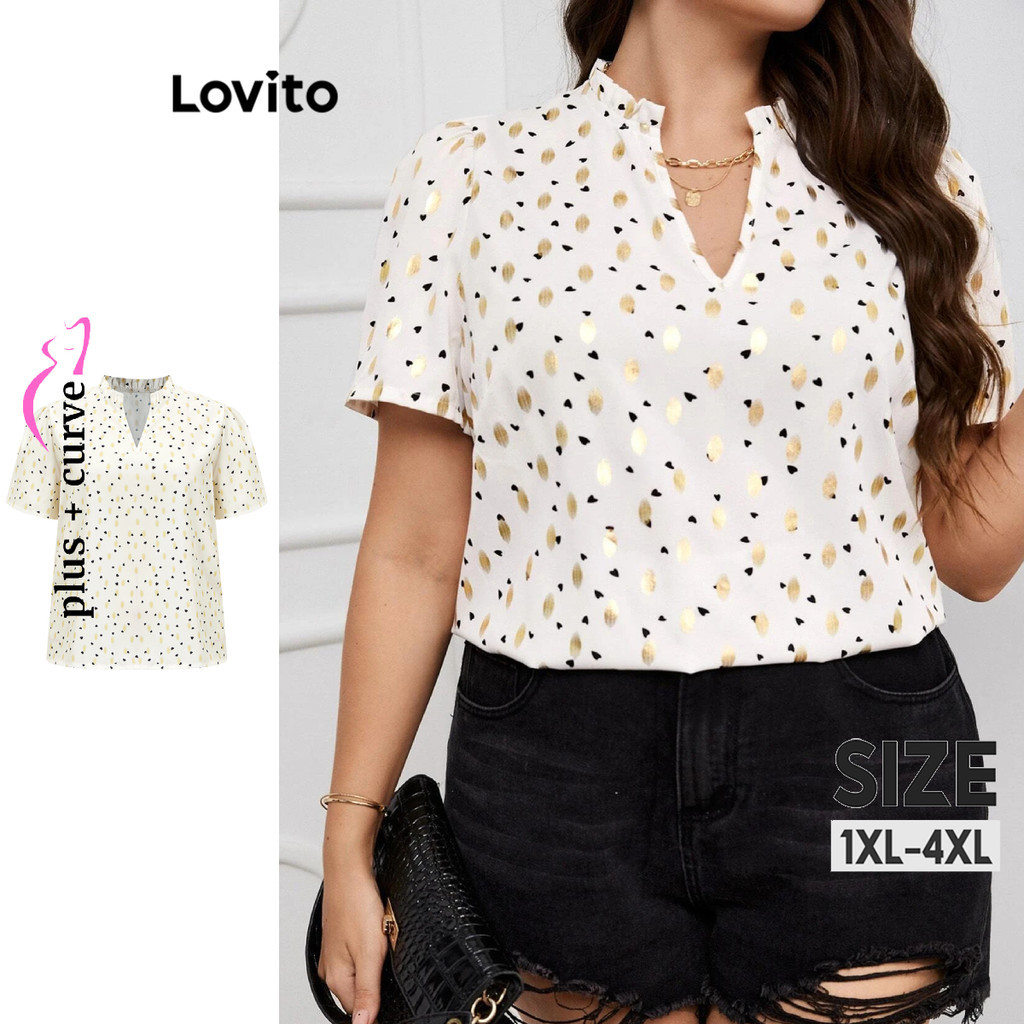 Lovito Blusa Plus Size Elegante com Babados e Bolinhas para Mulheres LBL16549 - Women Clothes