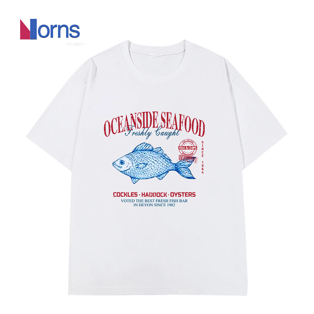 Camiseta Unissex Oversized Plus Size Feminina Masculina Estampa "Oceanside Seafood" Algodão Unissex   Oversize Casual