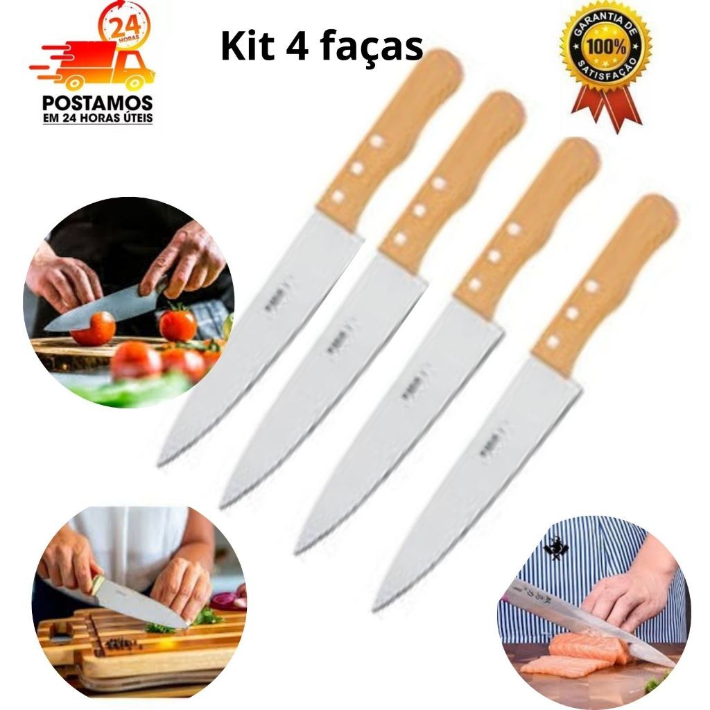 kit 4 Facas de Cozinha Aço Inox Cabo de Madeira 5´´ Carne Salada Legumes Churrasco em Oferta na Shopee