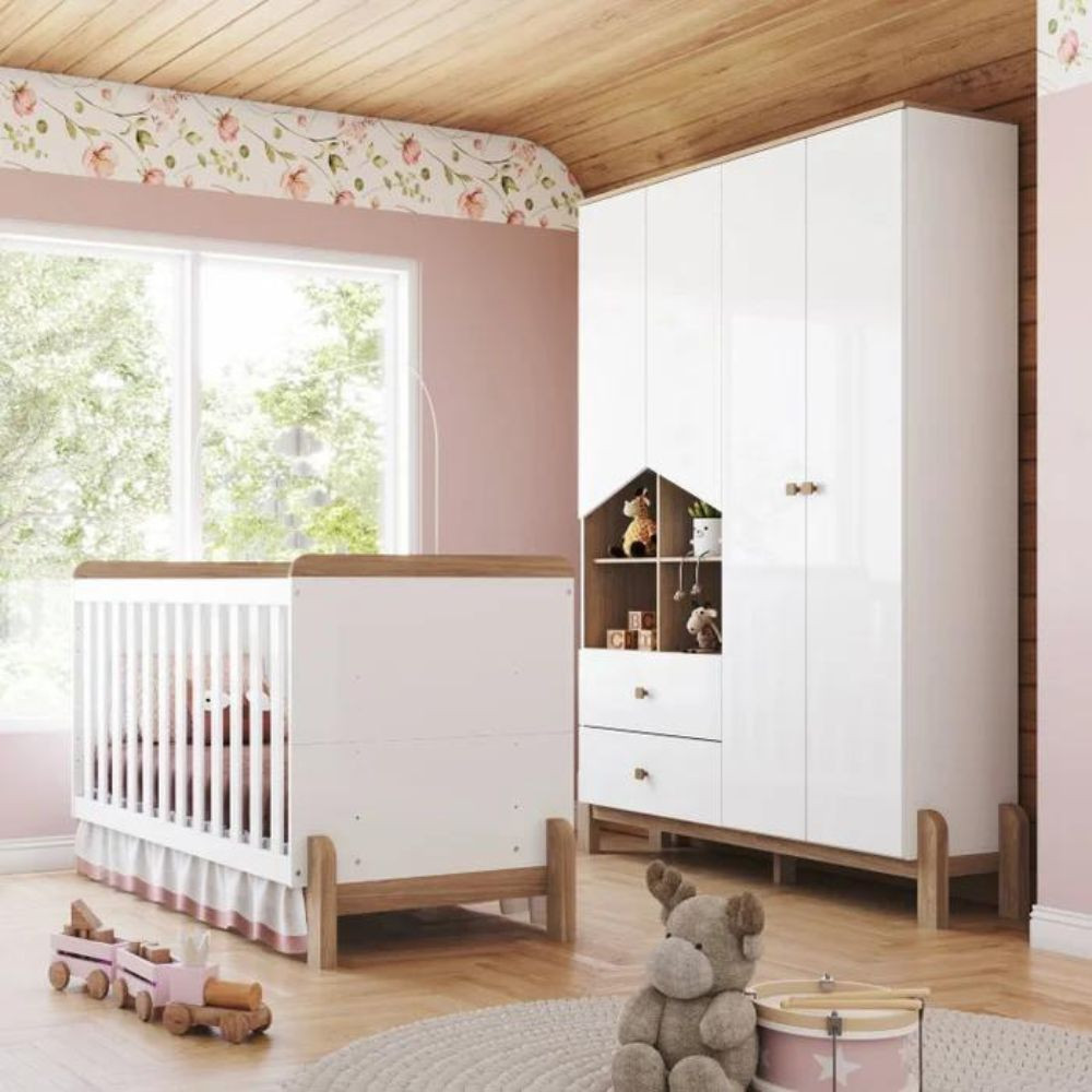 Quarto de Bebê Berço 2 em 1 e Guarda Roupa 4 Portas Ternura Henn em Oferta na Shopee