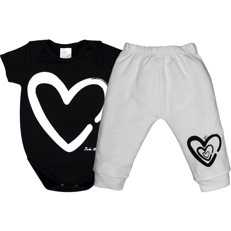 Conjunto Body Suedine Manga Curta Estampado + Calça Com Punho Estampa Coração