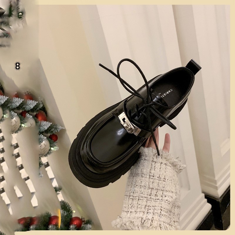Detalhes do IELGY 2025 Novos Mocassins Pretos Femininos De Couro Com Sola Grossa E Fecho Redondo