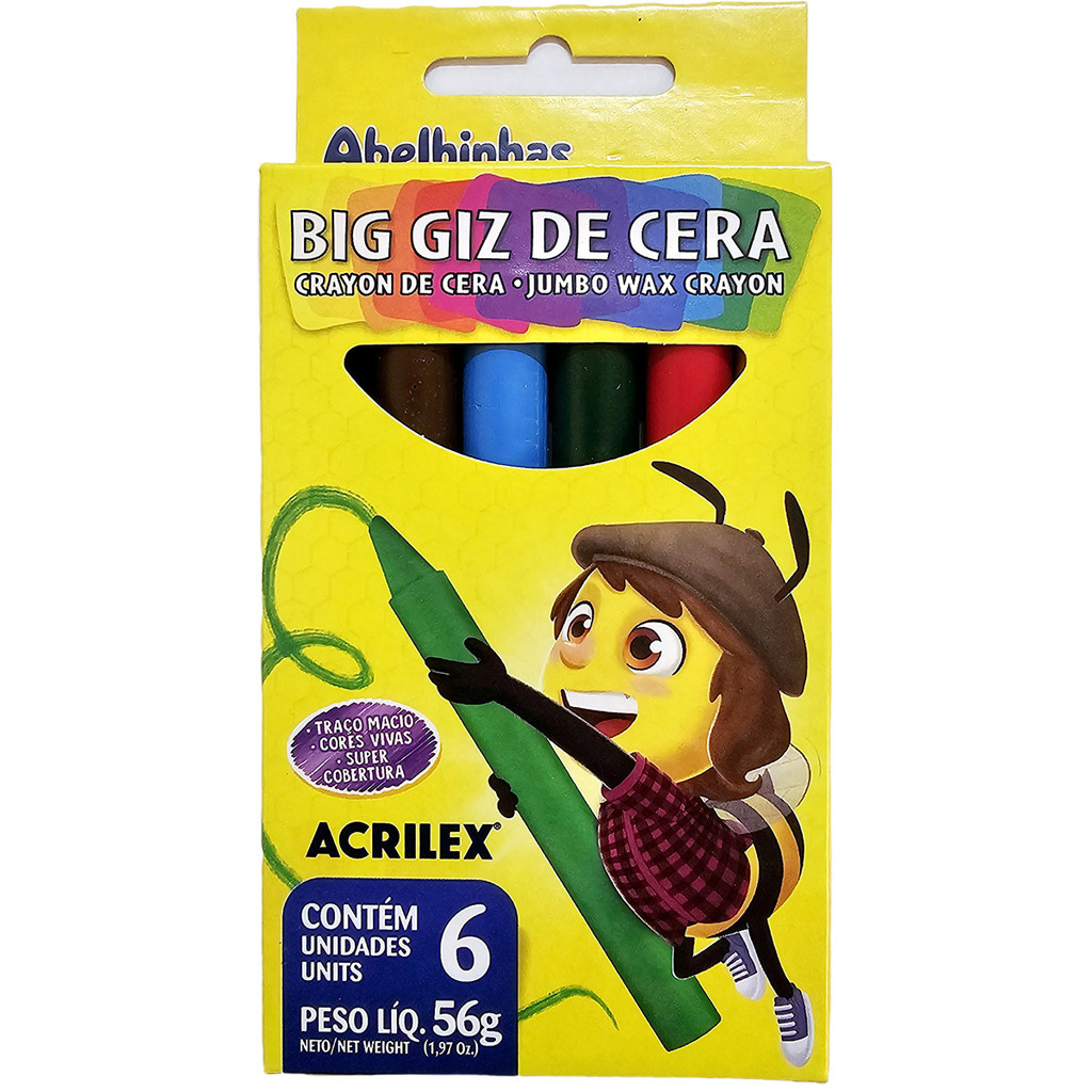 Giz De Cera Jumbo Acrilex Big Giz Atóxico Macio 06 Cores Vivas