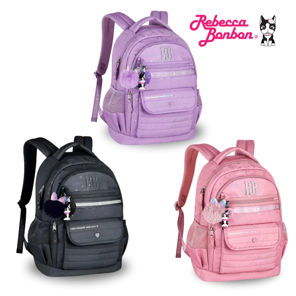 Mochila Escolar Holográfico Rebecca Bonbon Preto Rosa Lilas Chaveiro Pompom Grande Infantil Fashion Resistente