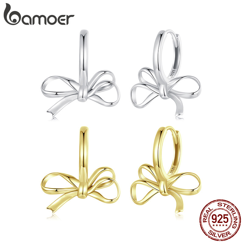 Bamoer 925 Sterling Sliver Hoop Brincos Bow Design Joias Presentes Para Mulheres