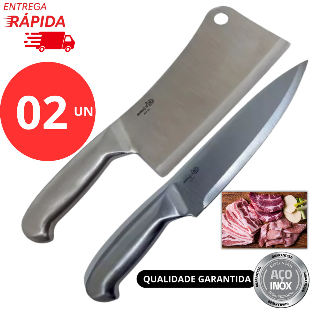 Imagem Kit 2 Pçs Faca e Cutelo Inteiriço Profissional Aço Inox para Churrasco Açougue Cozinha
