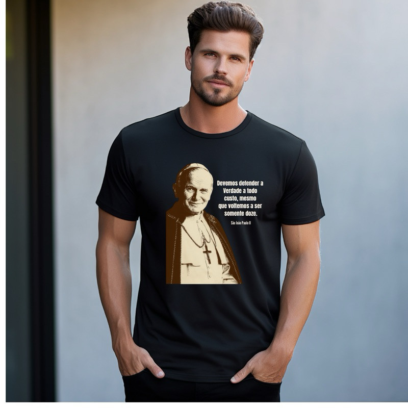 Camiseta Unissex Algodão T-shirt Católica São João Paulo II - Devemos buscar a verdade - Infantil Adulto e Plus Size