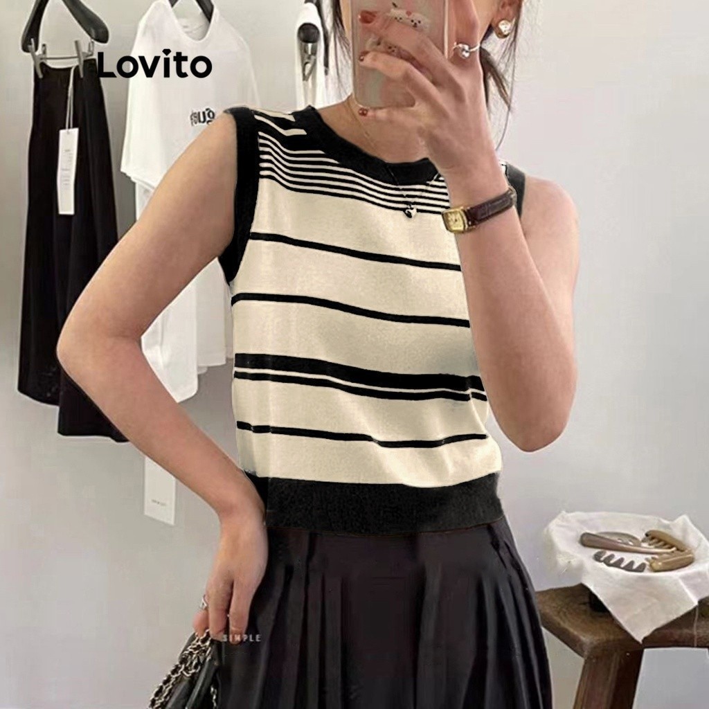 (Trendy) Lovito Top De Malha Casual Listrado Com Gola Contrastante Sem Mangas Para Mulheres LNA07134 em Oferta na Shopee