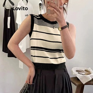 (Trendy) Lovito Top De Malha Casual Listrado Com Gola Contrastante Sem Mangas Para Mulheres LNA07134 em Oferta na Shopee