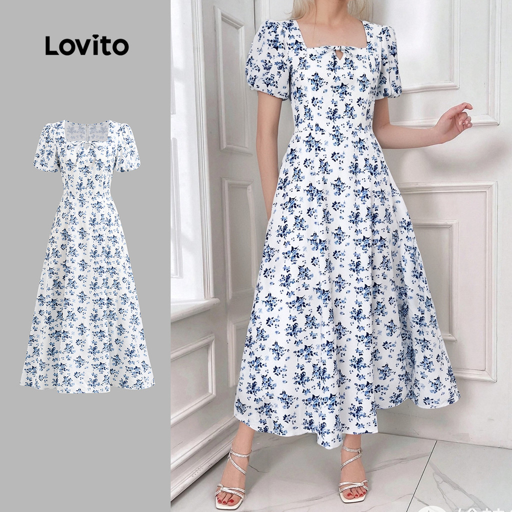 Lovito Vestido elegante Ditsy Floral com cadarço e estrutura para mulheres LBL23389 - Women Clothes