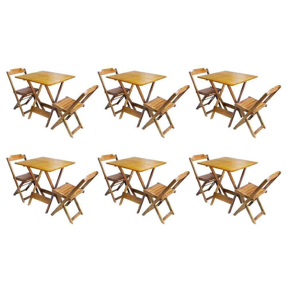 Kit 6 Jogos De Mesa Dobravel Com 2 Cadeiras De Madeira 70X70 - com acabamento na cor Mel - Amarelo.