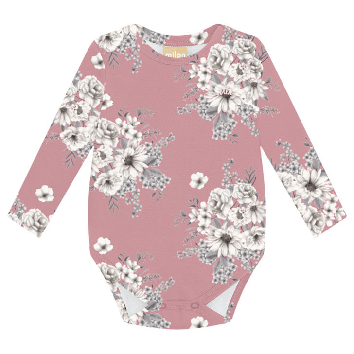 Body Infantil Bebê Manga Longa Floral Rosa em Cotton - Milon