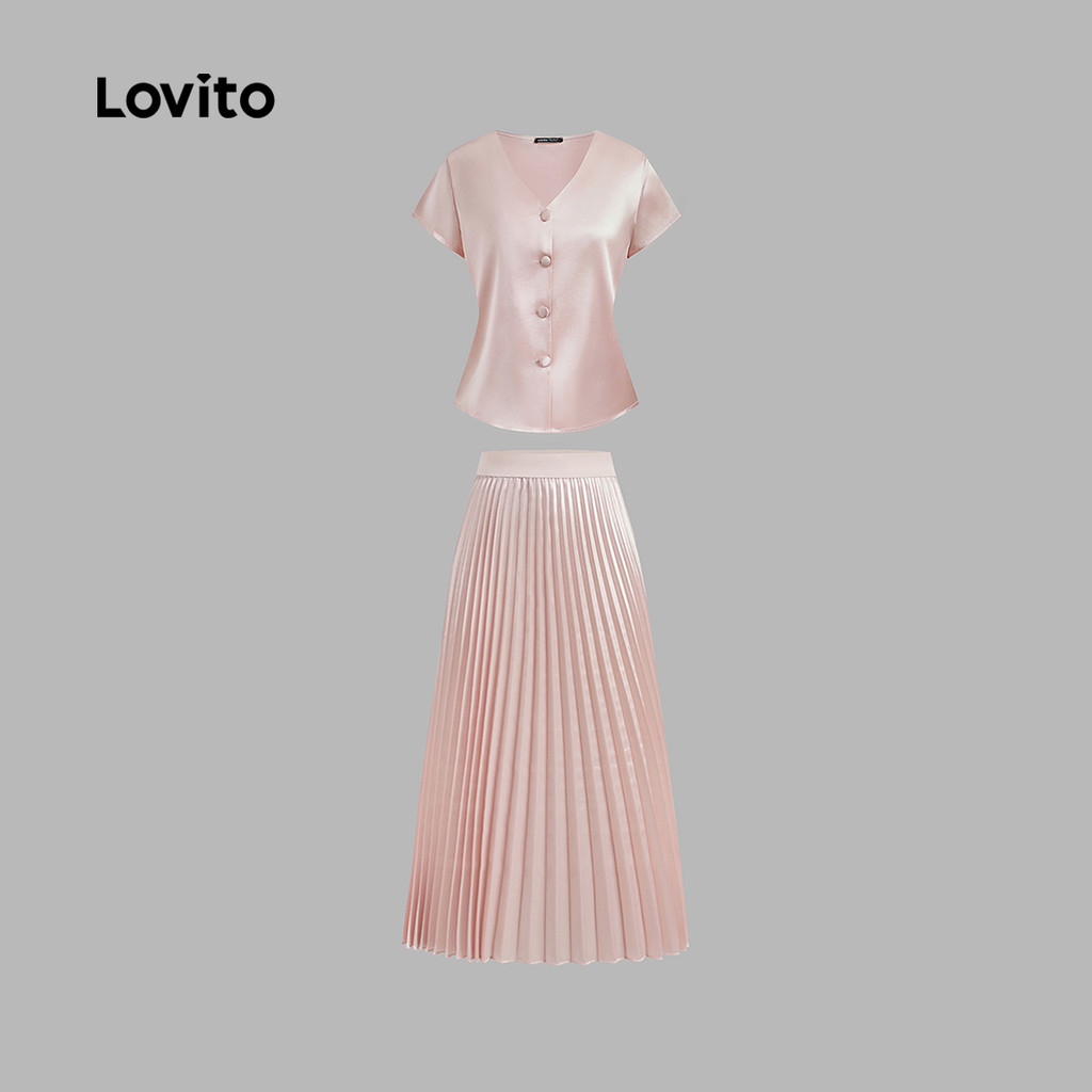 Detalhes do Lovito Conjuntos De Saia Elegantes Com Botão Plissado Conjuntos De Saia De Verão/Primavera Para Mulheres LBL23089