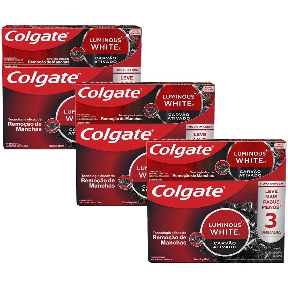 Kit 3 Pack Creme Dental Colgate Carvão Ativado Luminous White 3un de 70g