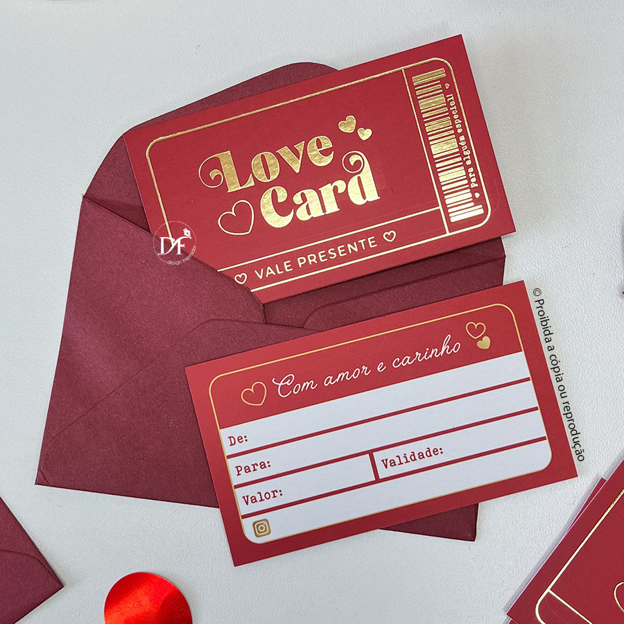10 ou 25 LOVE CARD - Vale Presente com Envelope - Cartão presente Hotstamping
