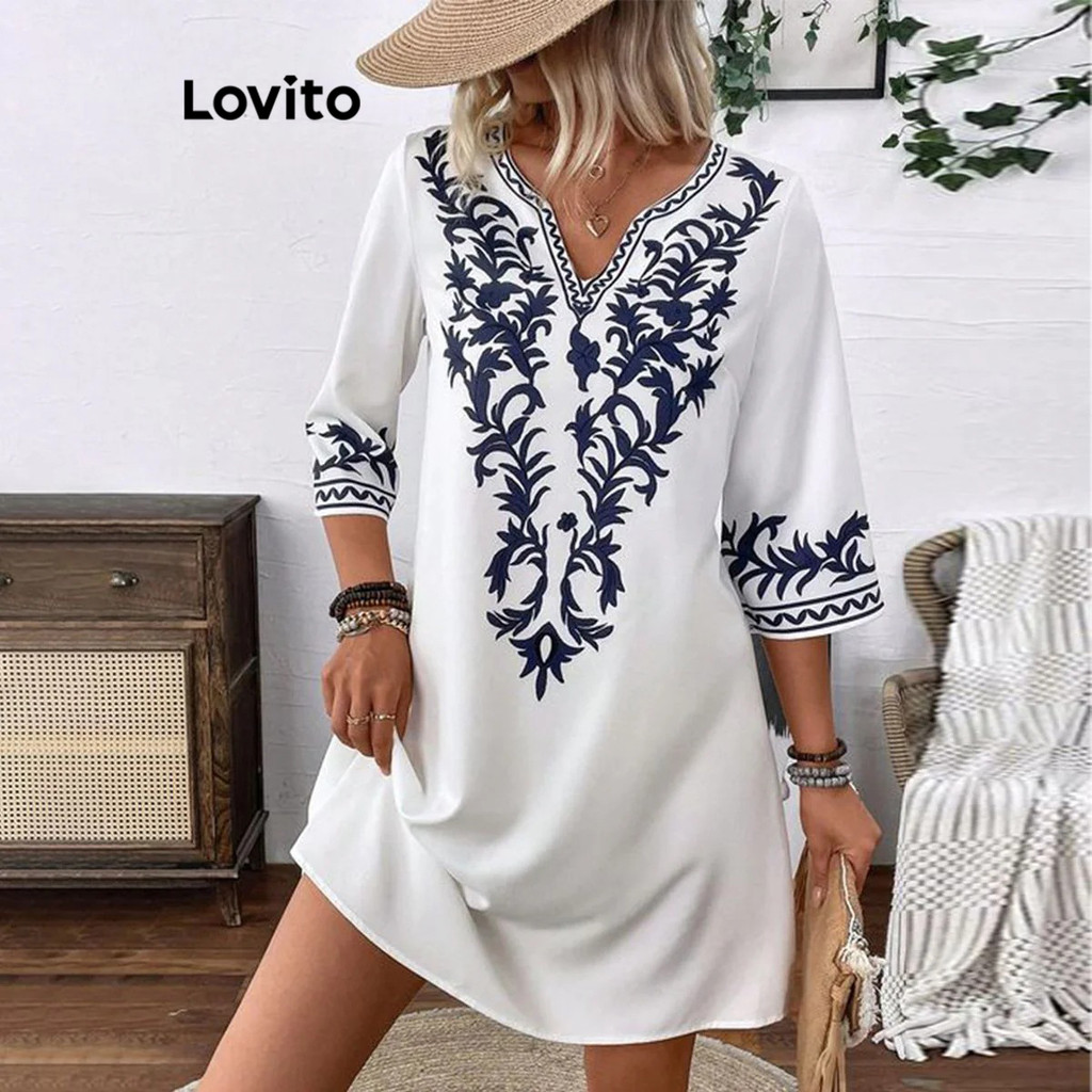Lovito Vestido Casual Com Estampa Tribal Vestido Colorblock Para Mulheres LNL79034 em Oferta na Shopee