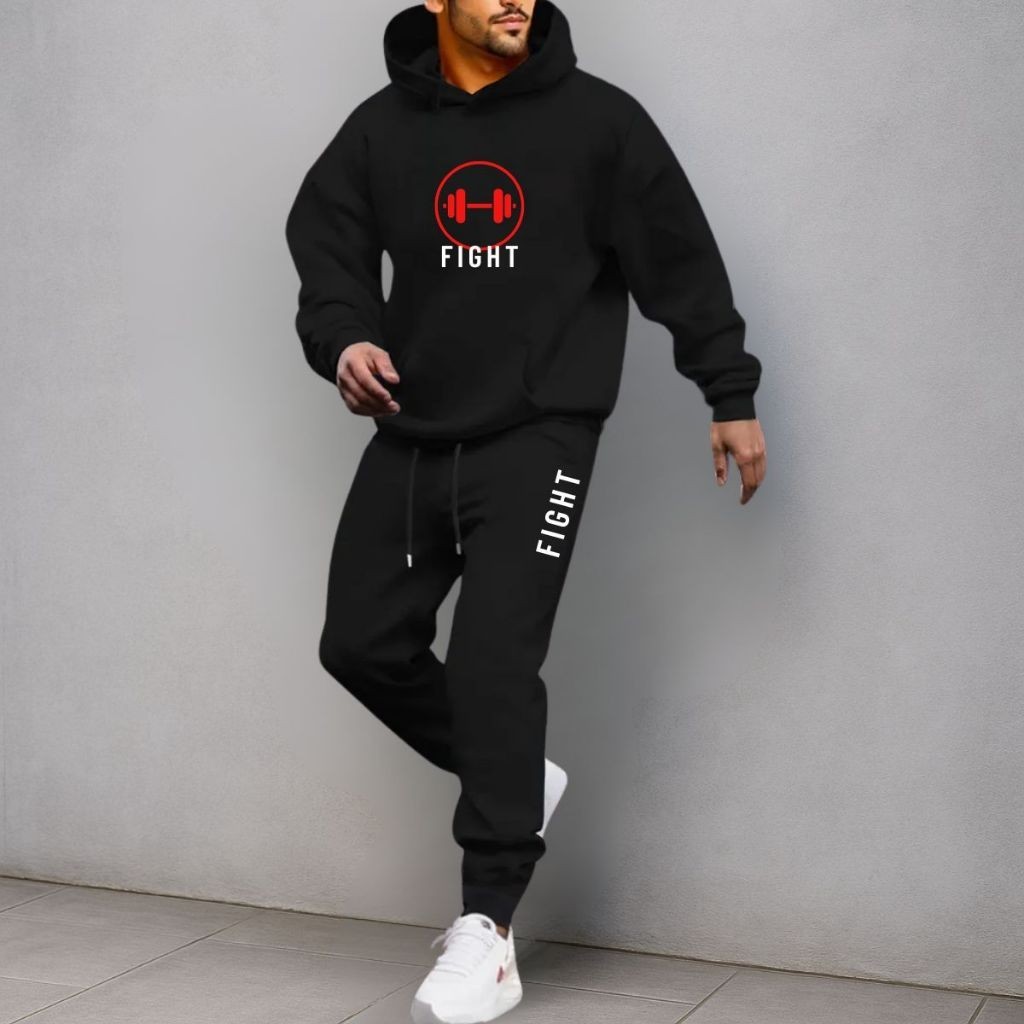 Conjunto Moletom Fight  Musculação Canguru Calça Flanelado Treino Casual Moda Masculina Inverno