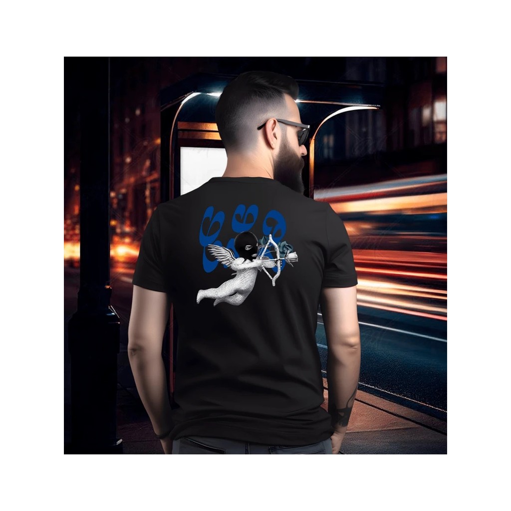 Camiseta básica masculina streetwear estampado anjo arco e flecha frente e costa unissex tecido 100% algudão
