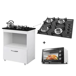 Kit Cozinha C/BalcÃO Cooktop 1 Porta Br C/Forno ElÉTrico 48 L 110v Pt/Br C/FogÃO Cooktop 4 Bocas Pt