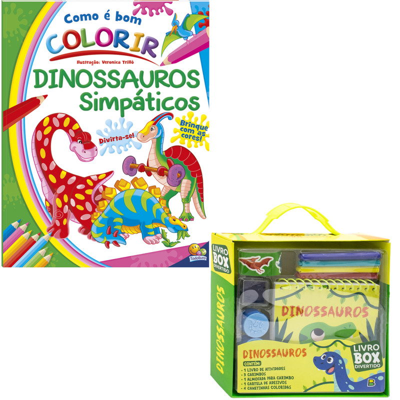 Kit Livro Como É Bom Colorir! Dinossauros Simpáticos Box Divertido! Dinossauros Todolivro