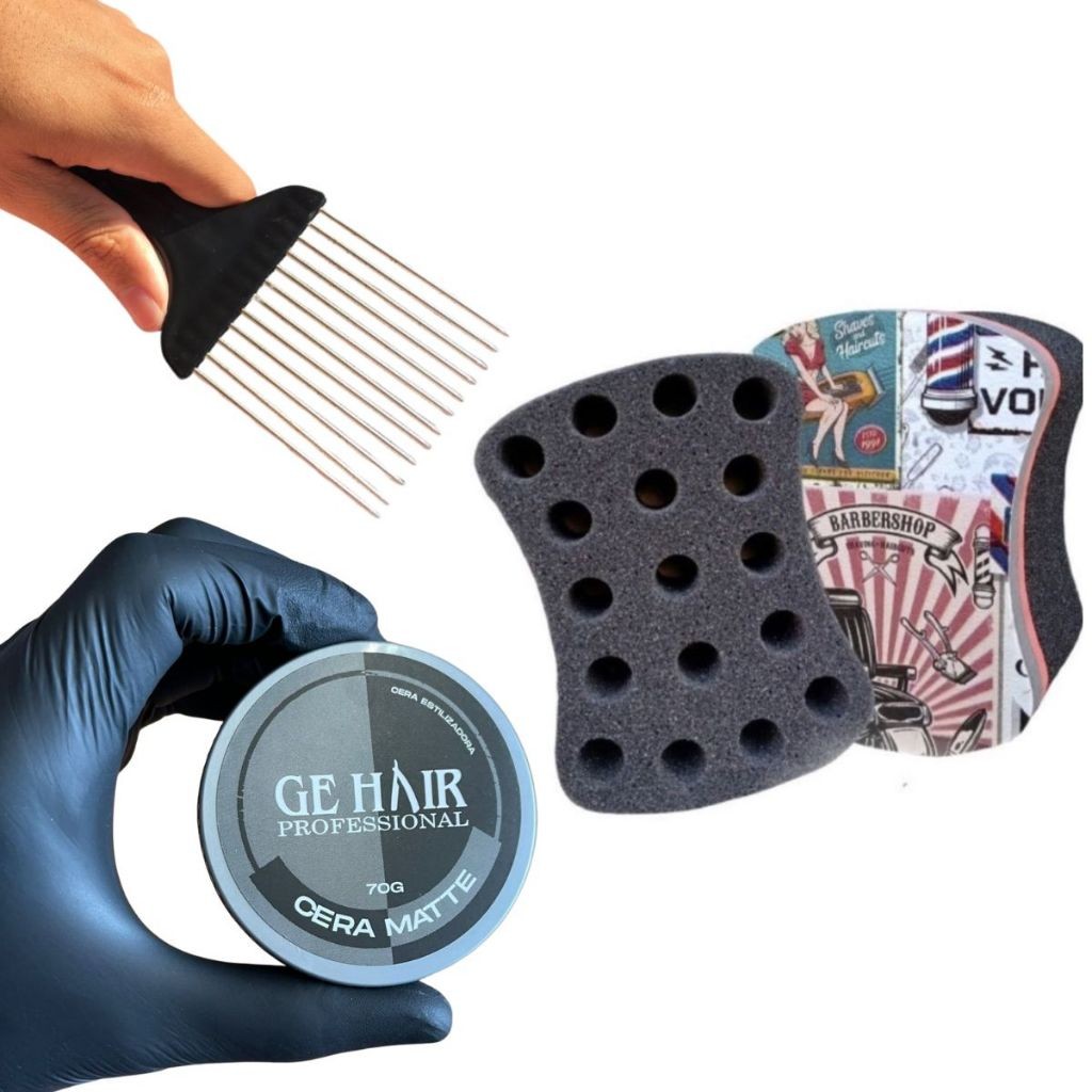 Kit com 1 Cera Modeladora + 1 Pente Garfo Aço +1 Esponja Nudread Bucha de  Enrola Cabelo.