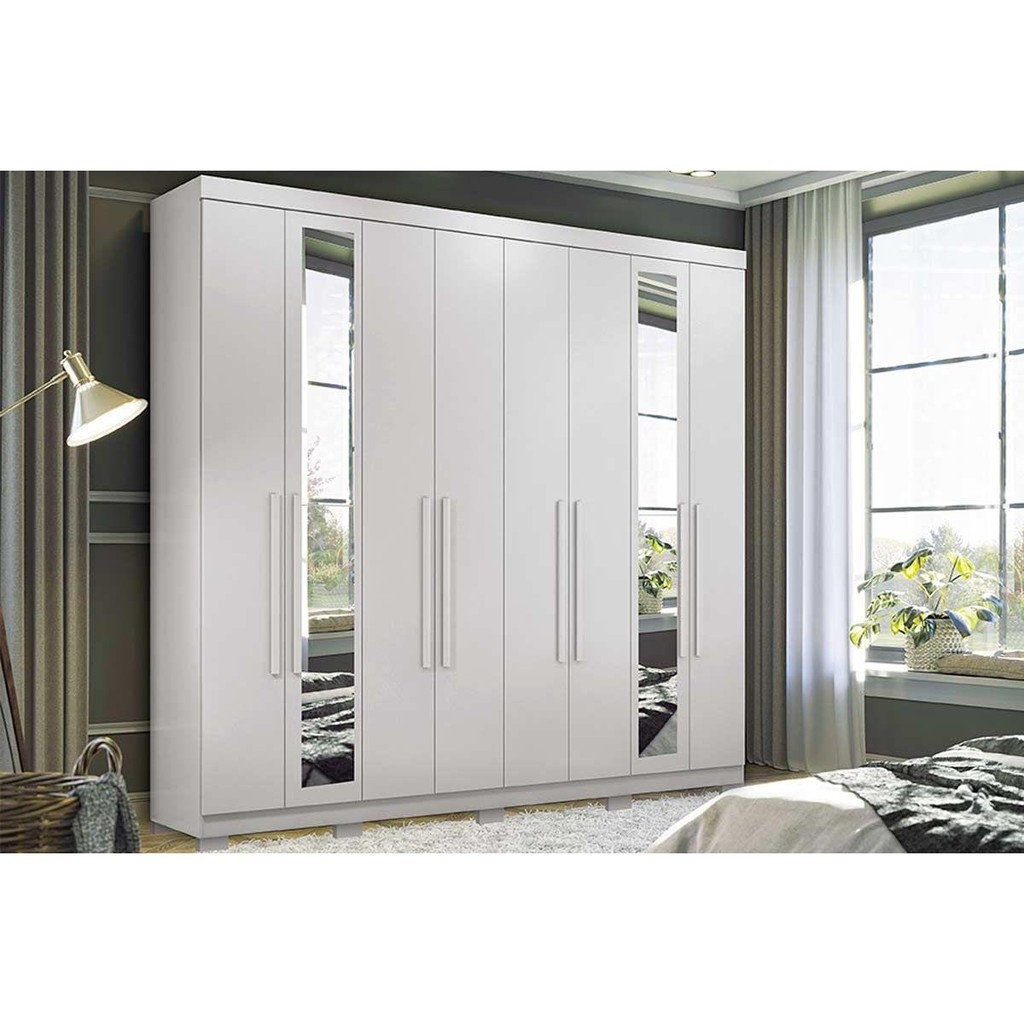 Guarda Roupa Casal 8 Portas (2 c/ Espelho) e 4 Gavetas c/ Pés Master New 8.4 Branco - Santos Andirá em Oferta na Shopee