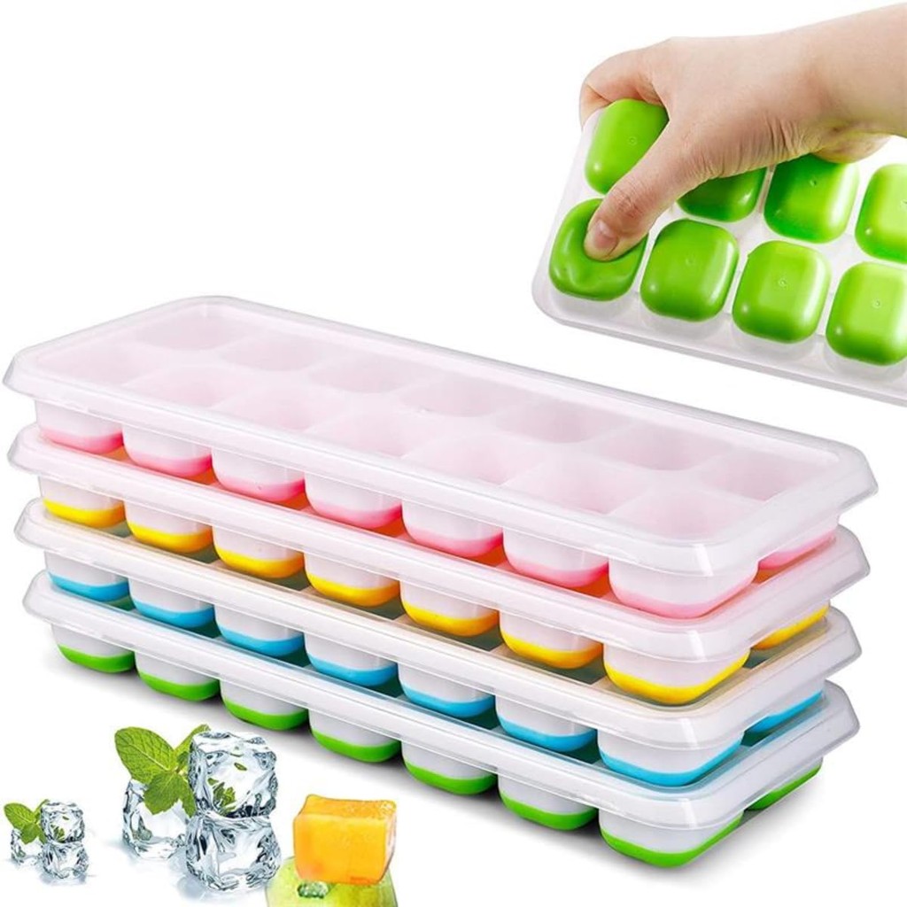 Kit 4 Forma Com Tampa Gelo Ice Flexivel Forminha Fundo Silicone 14 Cubos Alimentos Frutas Papinha
