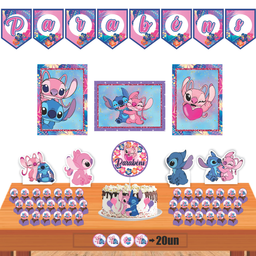 Kit Festa Stitch e Angel Aniversário Infantil – Completo – Topo de Bolo + Display + Tag + Adesivos + Poster + Bandeirola