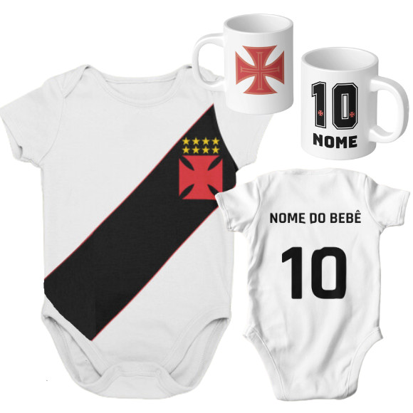 Kit Vasco da Gama Personalizado com Nome e Número: Body Bebê e Caneca