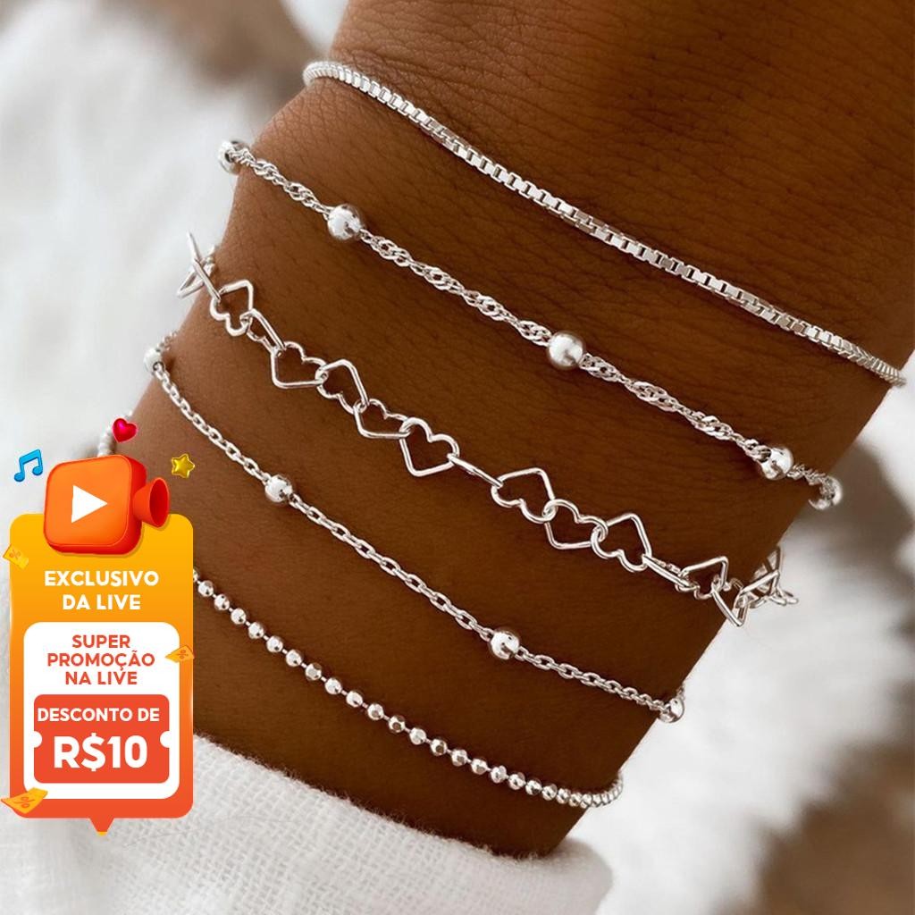 Conjunto De Pulseira De Corrente De Coração De 5 Peças Para Mulheres – Pulseiras Modernas ...