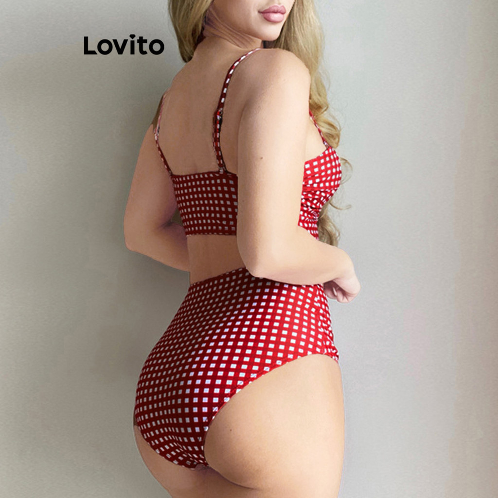 (Trendy) Lovito Conjuntos De Biquíni Sexy Xadrez Franzido Conjuntos De Biquíni Para Mulheres LNL41014 - Sports & Outdoors