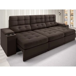 Sofá com Porta Copos e Carregador USB Eureka 2,30m Assento Retrátil e Reclinável Velosuede Chocolate - NETSOFAS