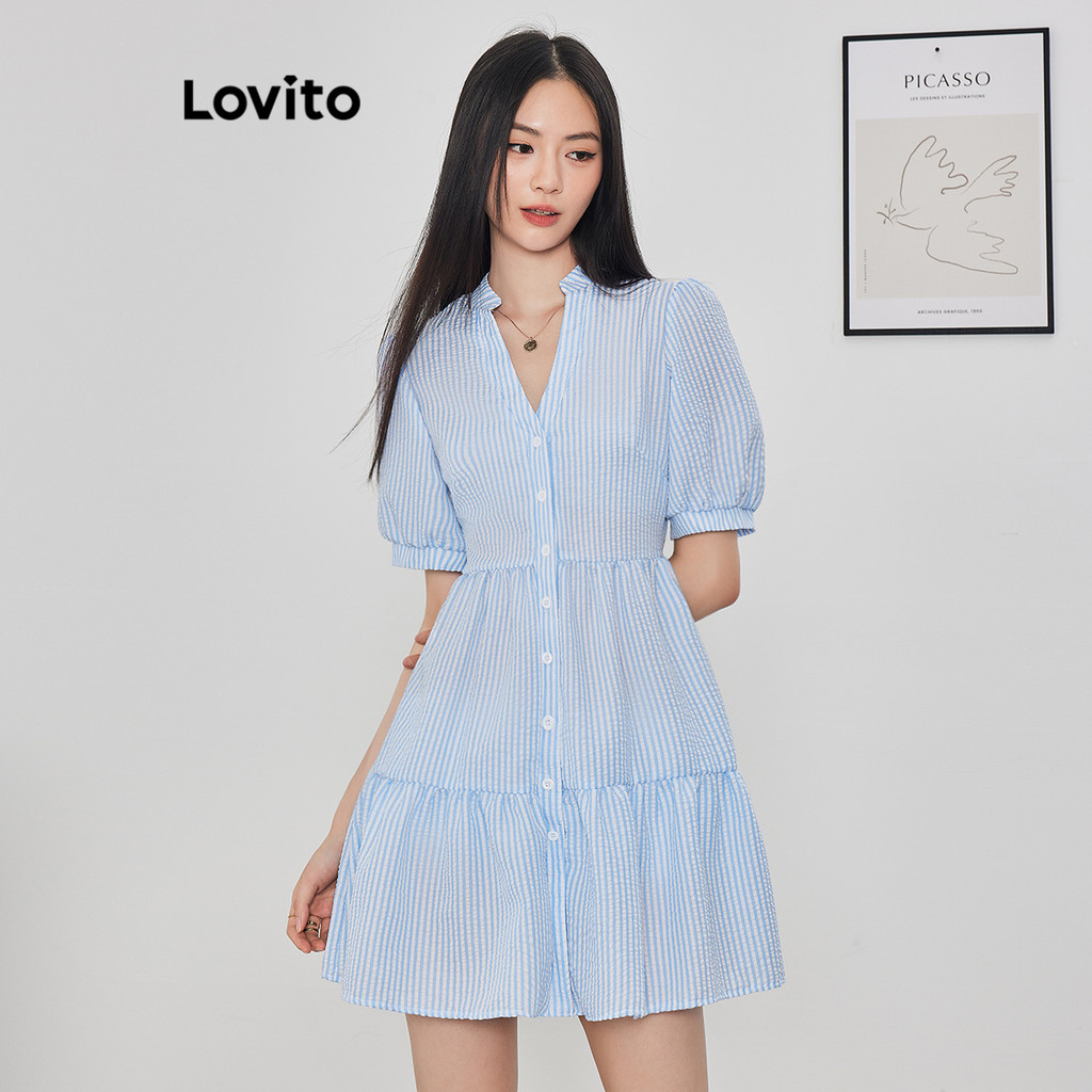 (Trendy) Lovito Vestido Casual Listrado Franzido Manga Bufante Para Mulheres L62ED137 (Azul)