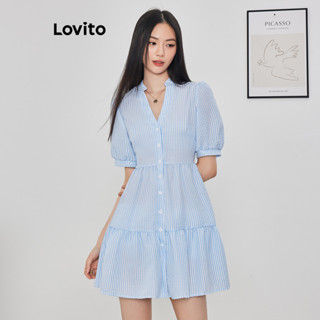 (Trendy) Lovito Vestido Casual Listrado Franzido Manga Bufante Para Mulheres L62ED137 (Azul) em Oferta na Shopee