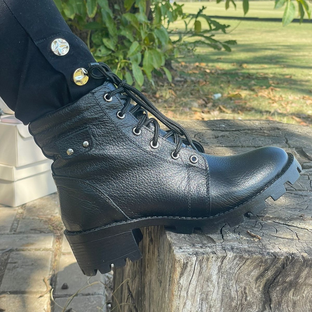 Bota Feminina Tratorada Coturno Cano Curto Confortável Em Couro 34 ao 41