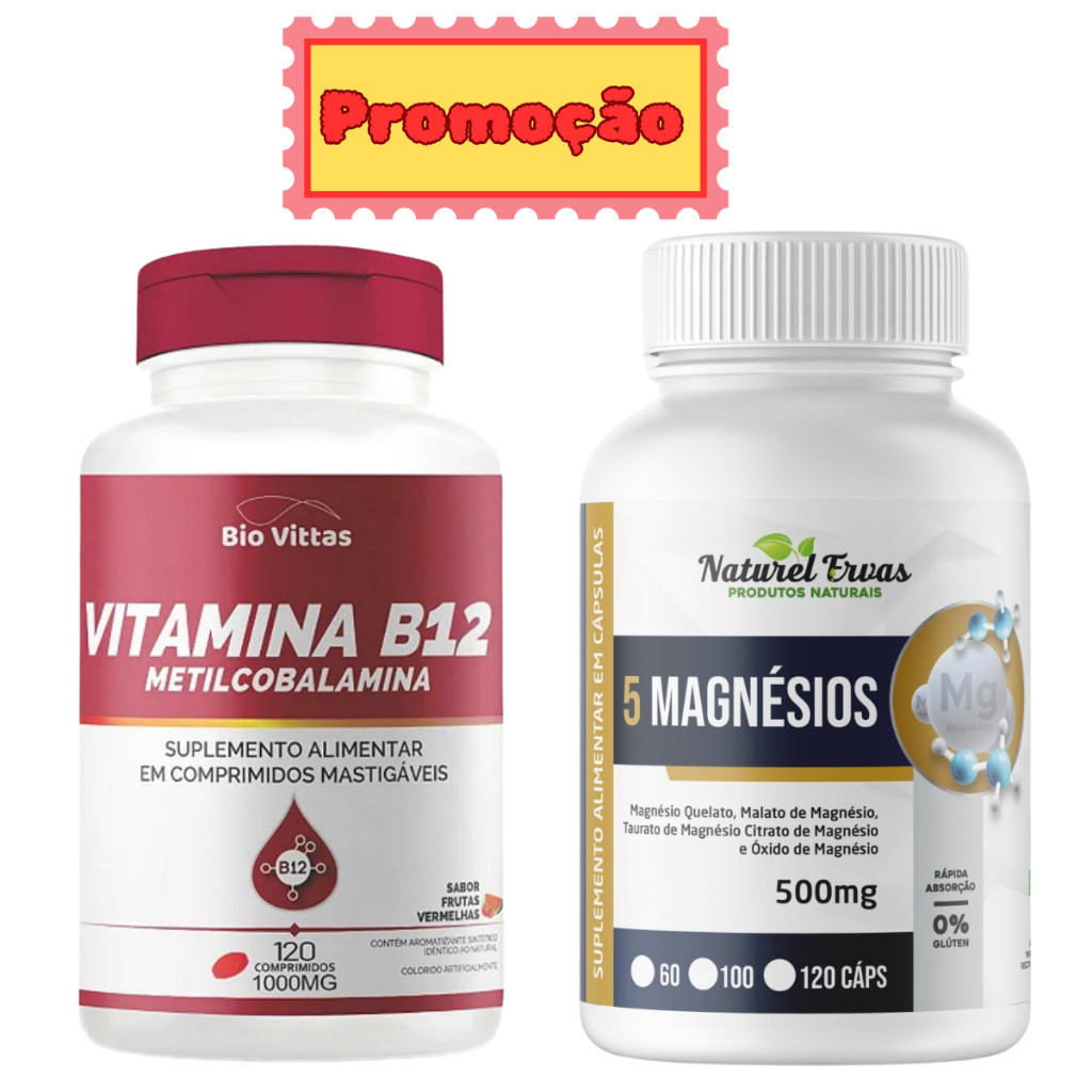 KIT 02X = 01 Pote Vitamina B12 Metilcobalamina 1000mg + 01 Pote de 5 Magnésios 500mg
