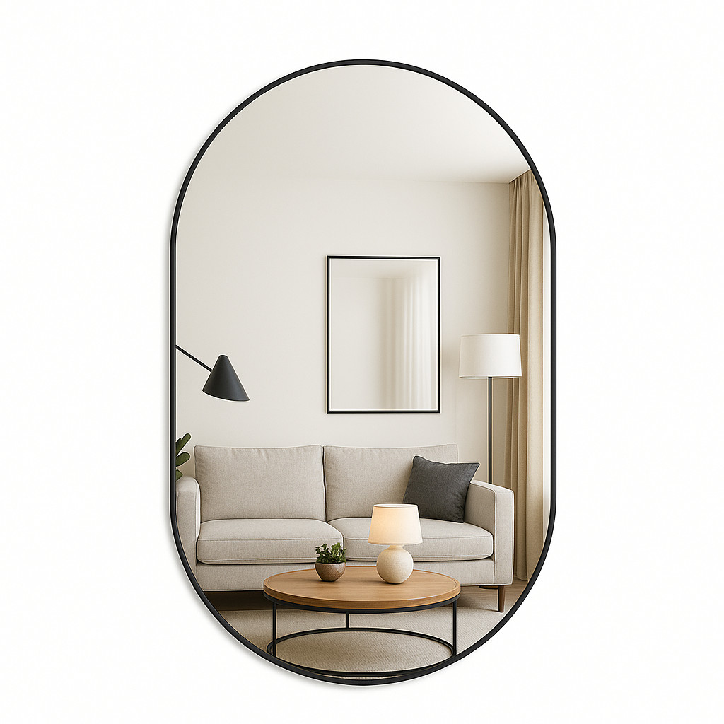 Espelho Oval 80x50 Com Moldura Couro Decorativo Luxo C/ Suporte Parede