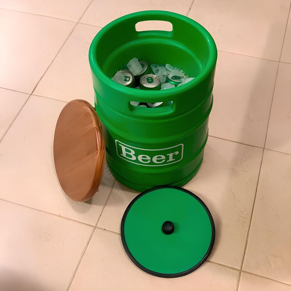 Barril Térmico Cooler para Cervejas 🍺 9L Banco Verde Decorativo com Tampo de Madeira Bar Festa