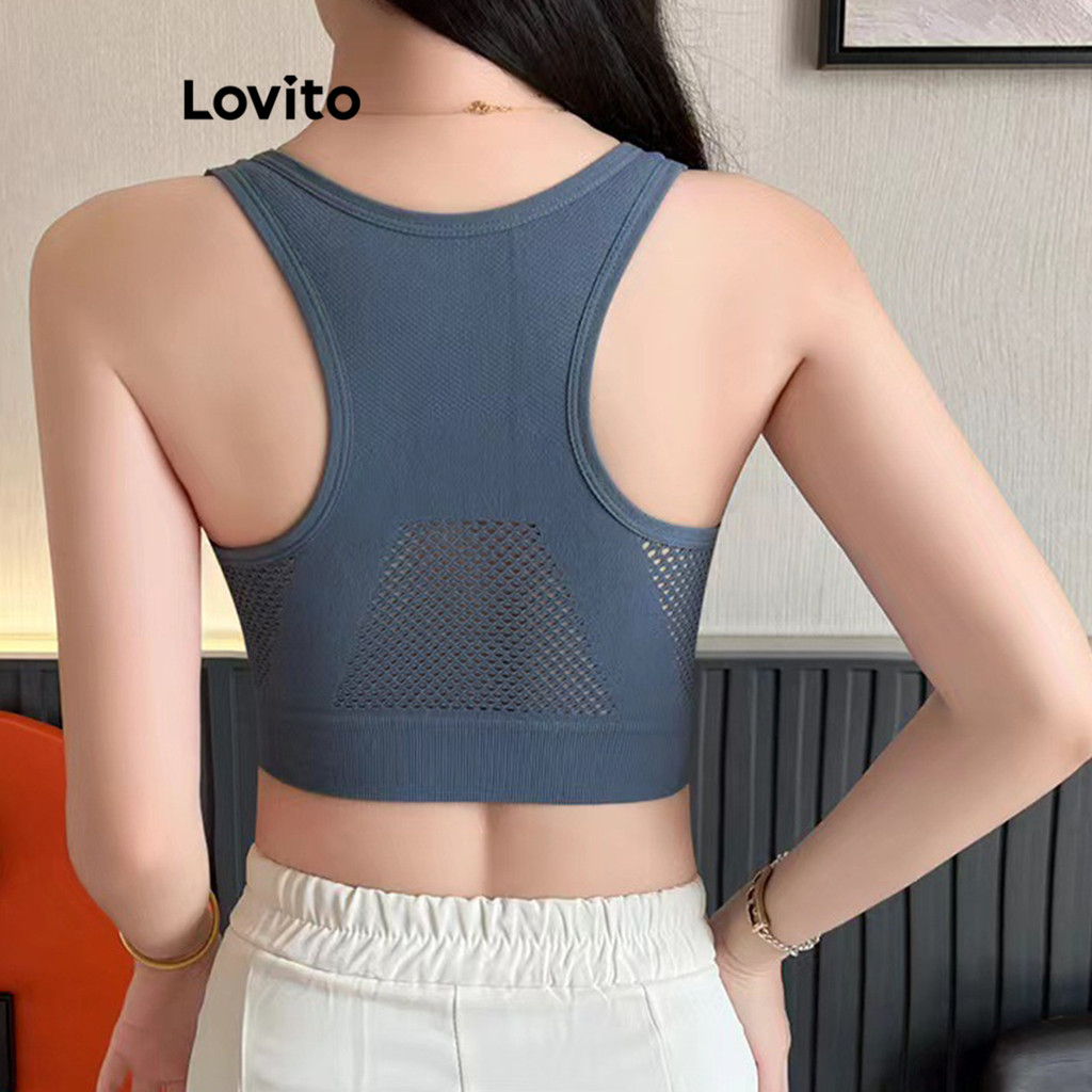 Detalhes do Lovito Sutiã Esportivo Esportivo Com Zíper Liso Para Mulheres LNL91129