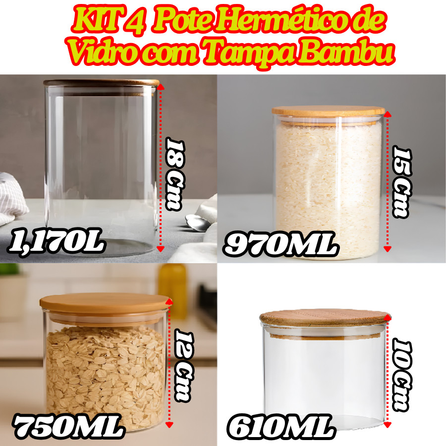 KIT 4 Potes De Vidro Hermético Com Tampa De Bambu Redondo Organizador Multiuso De Cozinha