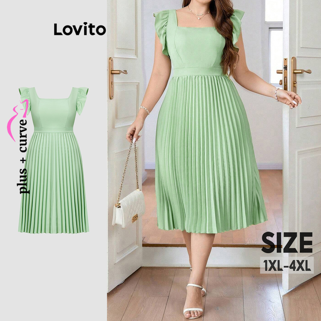 Lovito Vestido Plus Size Curvo Elegante Simples Plissado para Mulheres LBL19494 - Women Clothes