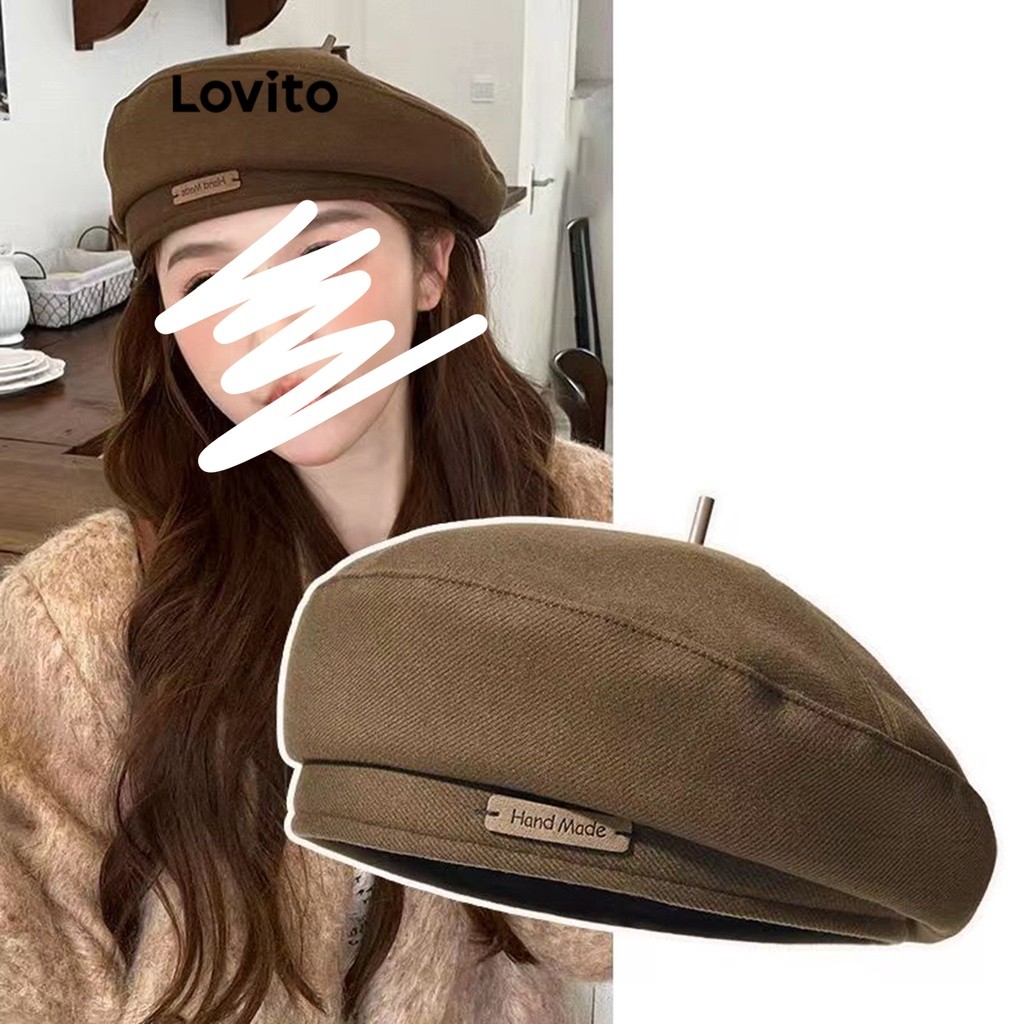 Lovito Chapéu Casual Liso Remendado Para Mulheres LFA08162 (Café/Branco Off/Preto) - Fashion Accessories