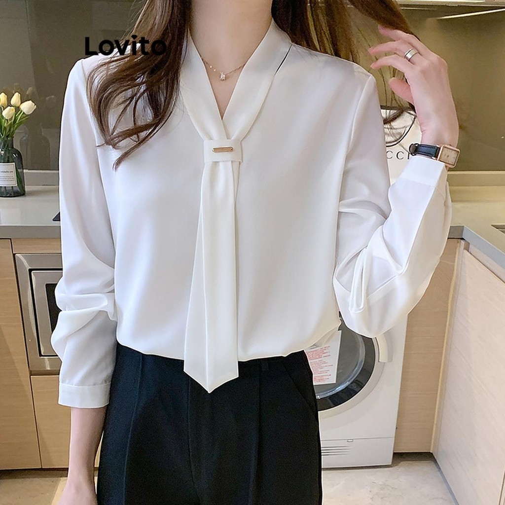 Lovito Blusa Elegante Com Botões Lisos E Gola Para Mulheres LNL56070