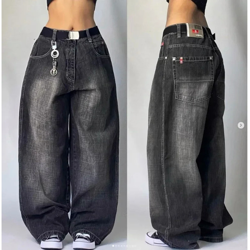 2024JNCO-Y2K Jeans Baggy Mulheres Carta Vintage Preto Gótico Hip Hop Street Skate Calças Harajuku Novo 2024