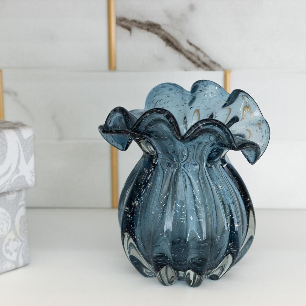 Vaso Lyor Italy de Vidro Azul 13,5cm x 11cm x 14cm - Home & Living
