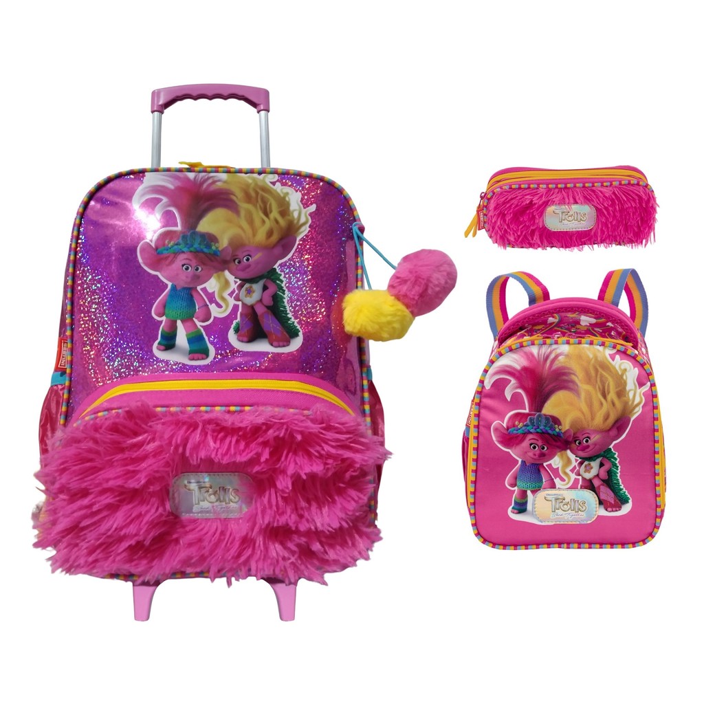 Kit Mochila de Carrinho G + Lancheira + Estojo Trolls X Sisters