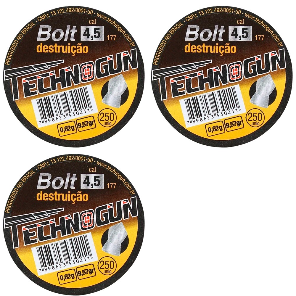 3x Chumbinho Technogun Bolt Destruição 4.5mm 250un.