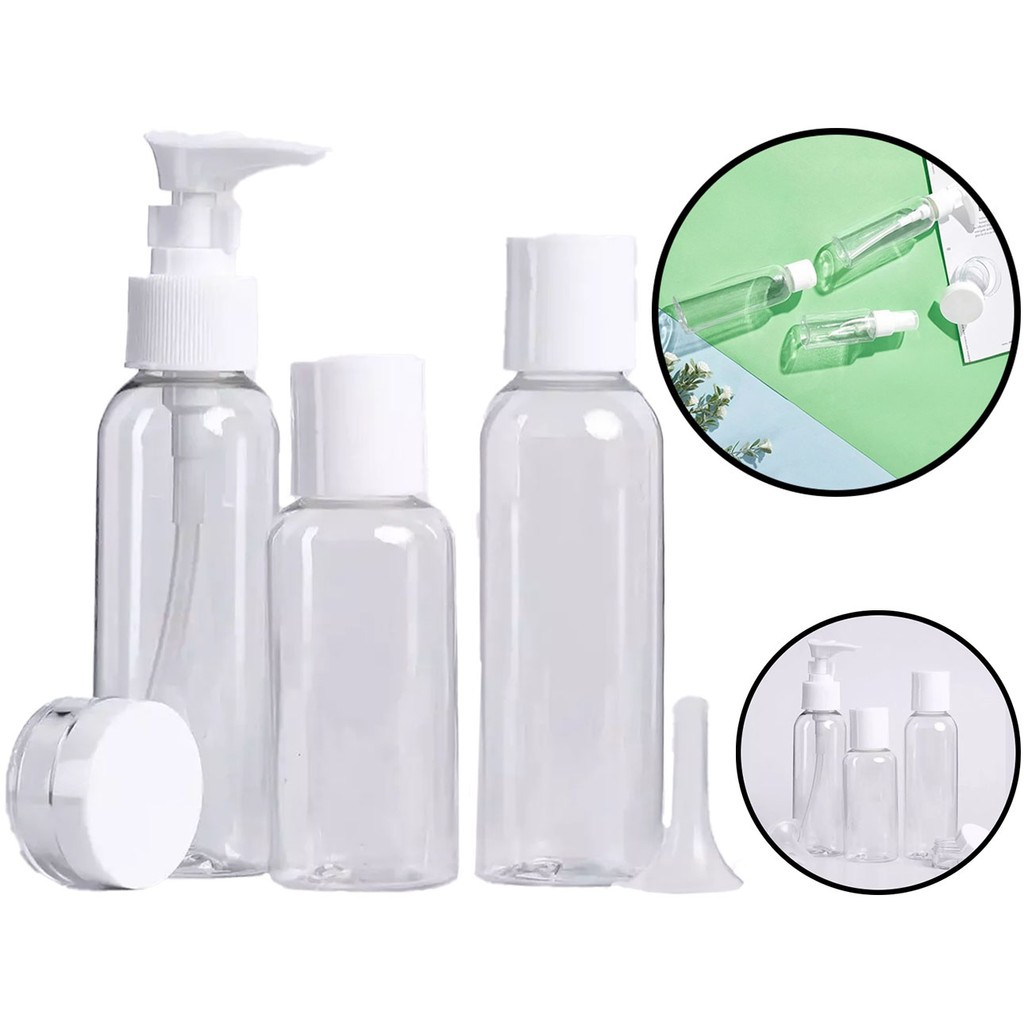 Kit Viagem Organizador De Cosméticos 4 Frascos Para Hidratante Condicionador Shampoo + Mini Funil E Necessaire