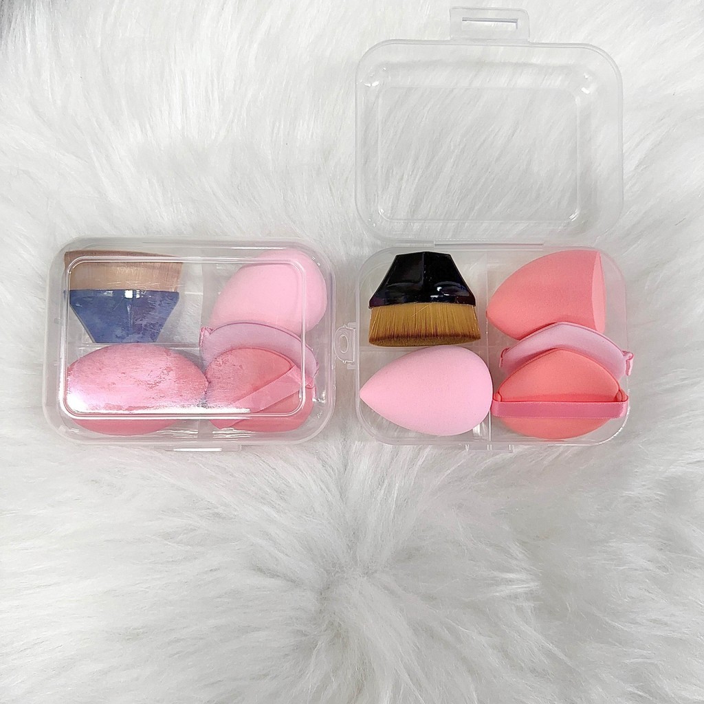 Esponja Conjunto Pincel de Maquiagem Para Base +2 Esponjas para Base Pó e Contorno Pincel Hexagonal Kit C/5+Estojo